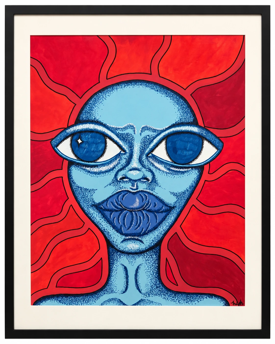 Blue portrait with oversized eyes on a vivid red background by Sophie Kroeker