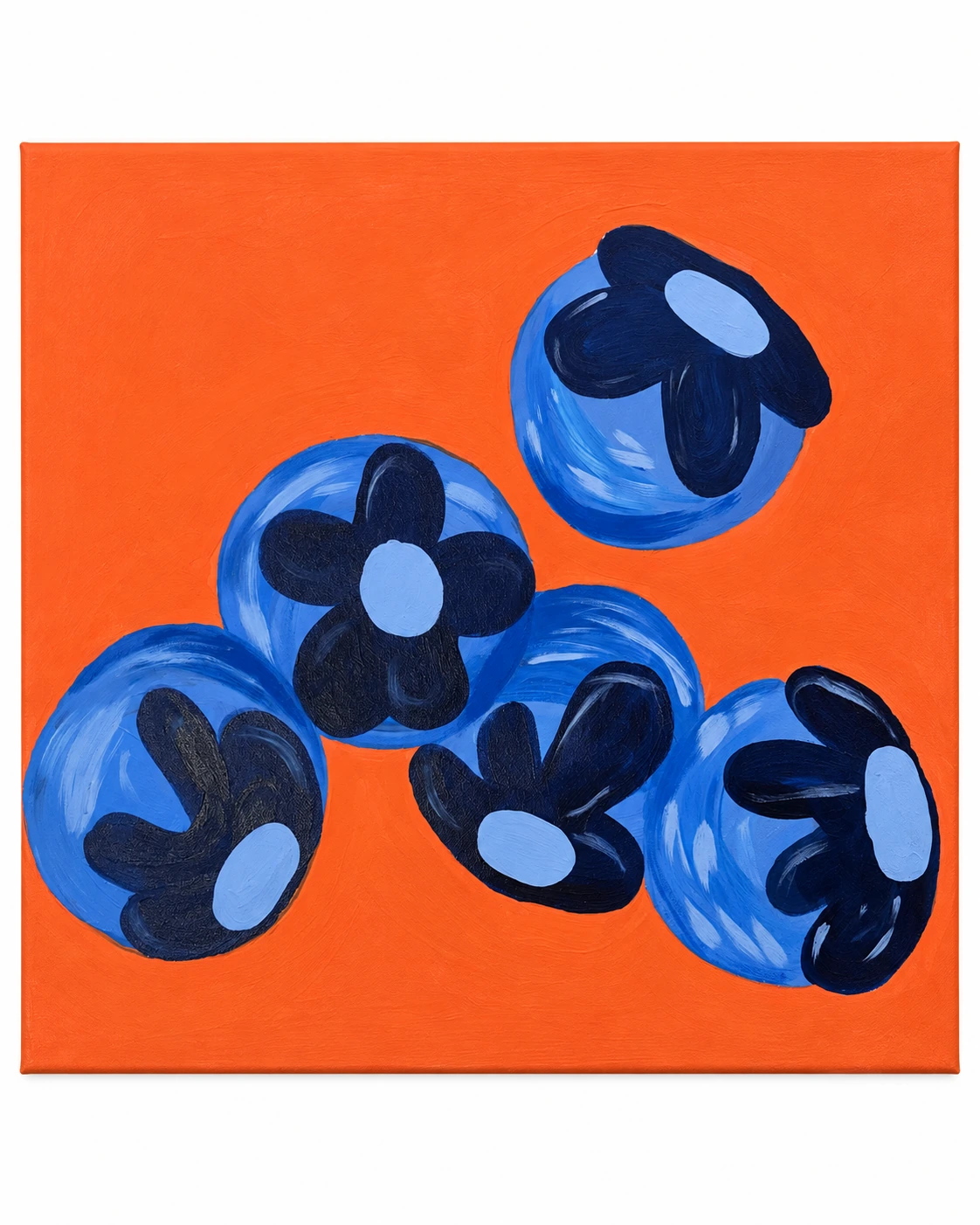 Blue fruit-like forms painted on a vivid orange field by Sophie Kroeker