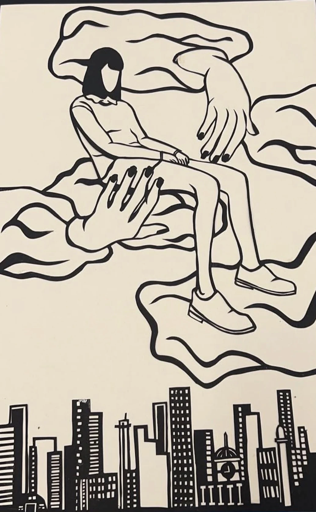 Black-and-white line artwork by Sophie Kroeker showing a seated figure above a city skyline