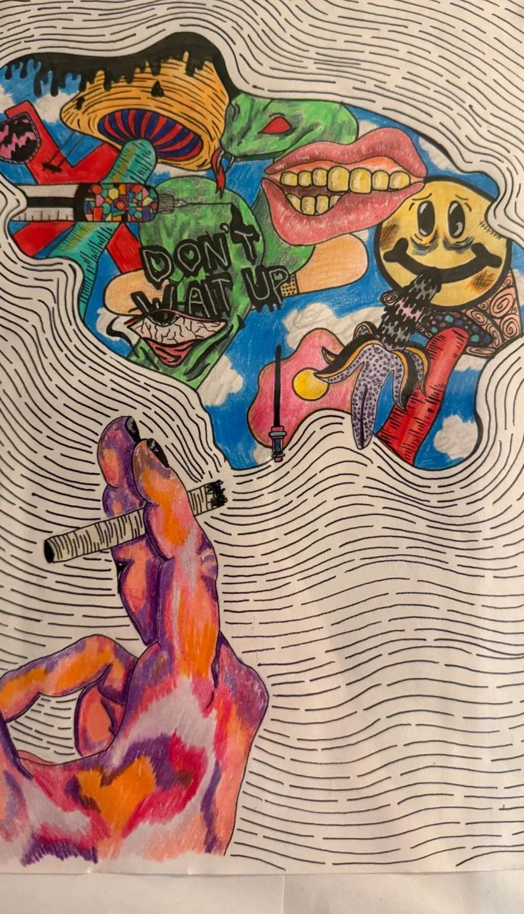 Surreal mixed-media illustration by Sophie Kroeker with a hand, symbols and the words Don’t Wait Up