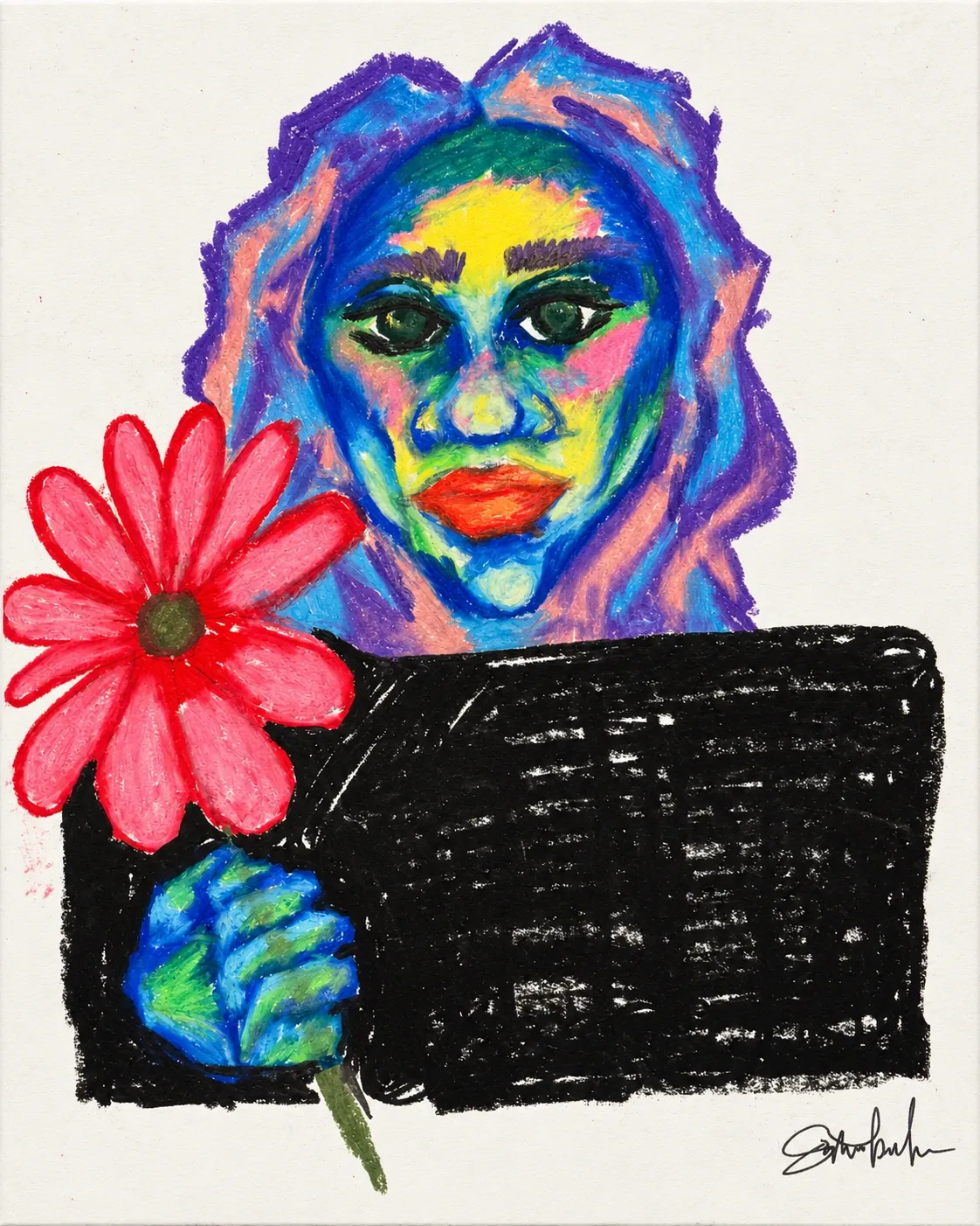 Expressive multicolor portrait holding a pink flower by Sophie Kroeker