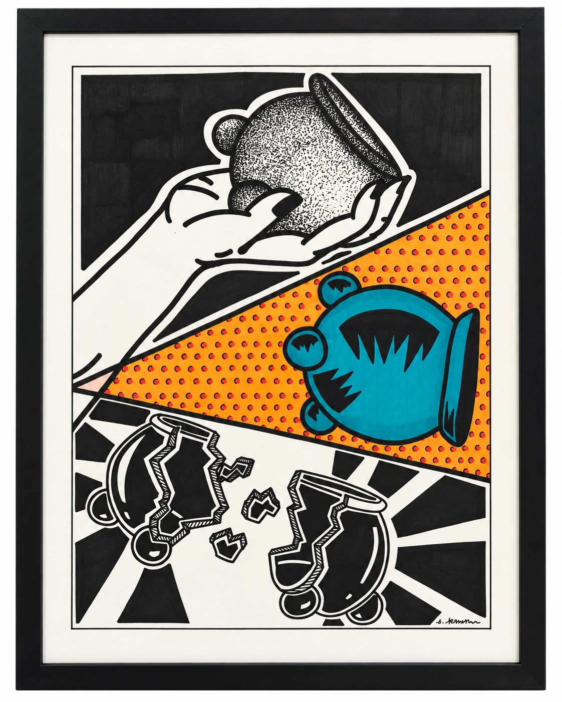 Graphic pop-art composition by Sophie Kroeker with cups, a hand and a bright turquoise teacup